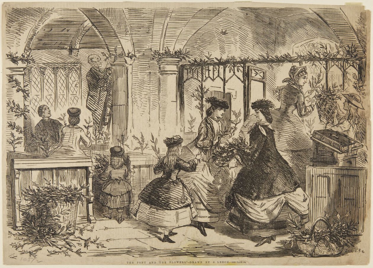Het doopvont en de bloemen door John Leech