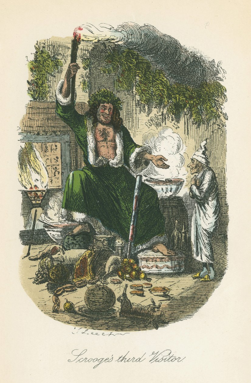 De Geest van Kerstmis Tegenwoordig verschijnt aan Scrooge. Illustratie door John Leech (1817-64) voor Charles Dickens