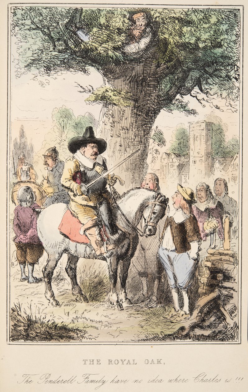 De Koninklijke Eik. De familie Penderell heeft geen idee waar Karel is!!!, uit The Comic History of England, uitgegeven 1864 (handgekleurde ets) door John Leech