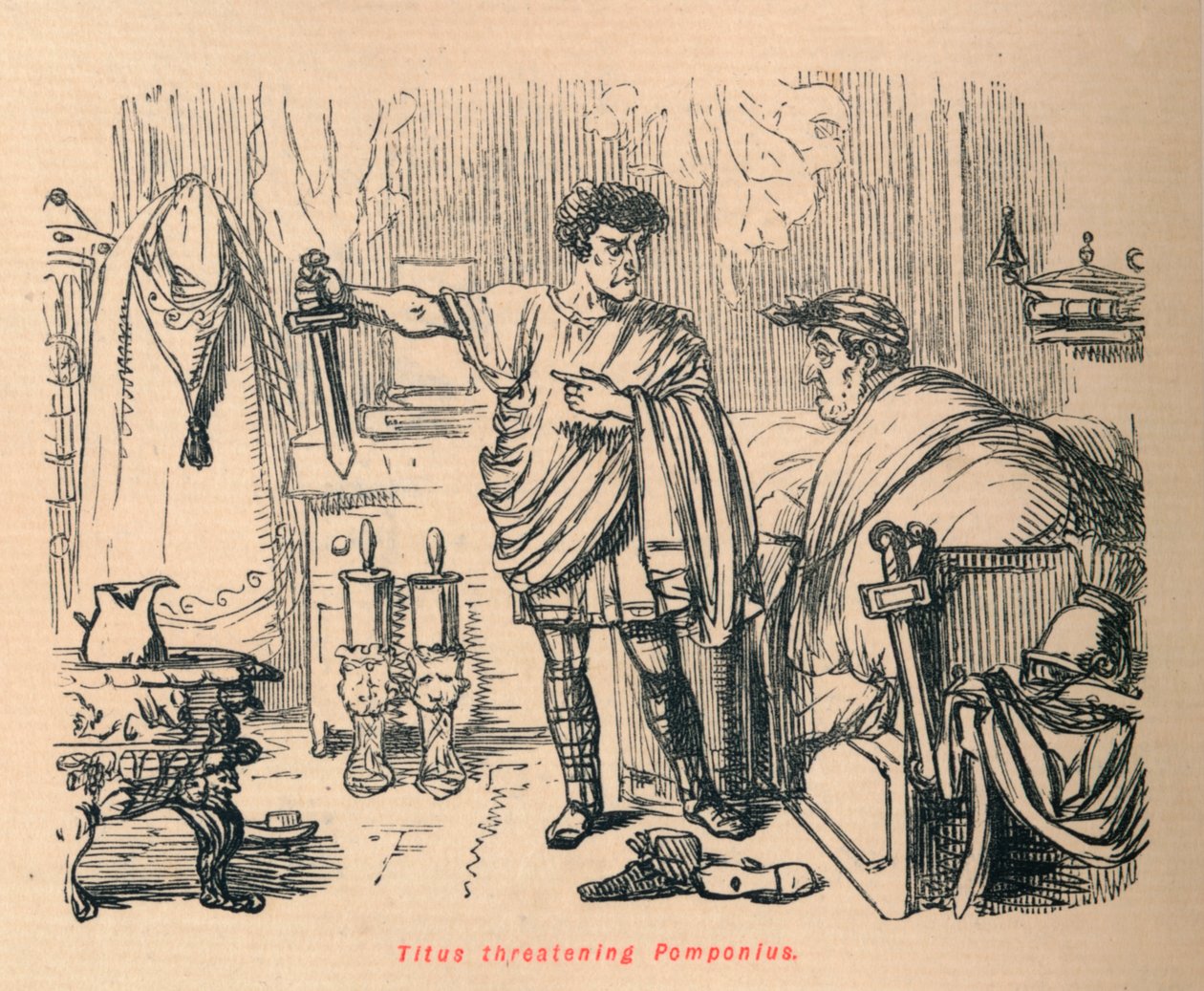Titus bedreigt Pomponius, 1852 door John Leech