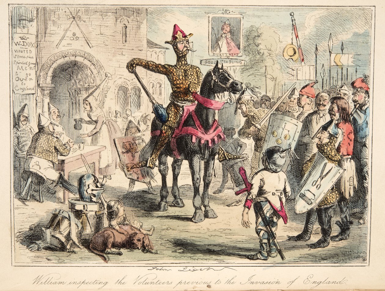 Willem de Veroveraar inspecteert de vrijwilligers voorafgaand aan de invasie van Engeland, uit The Comic History of England, uitgegeven 1864 (handgekleurde ets) door John Leech