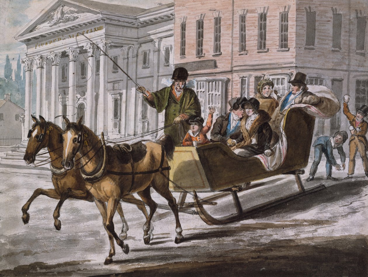 Winterscène in Philadelphia—De Bank van de Verenigde Staten op de achtergrond, 1811-ca. 1813 door John Lewis Krimmel