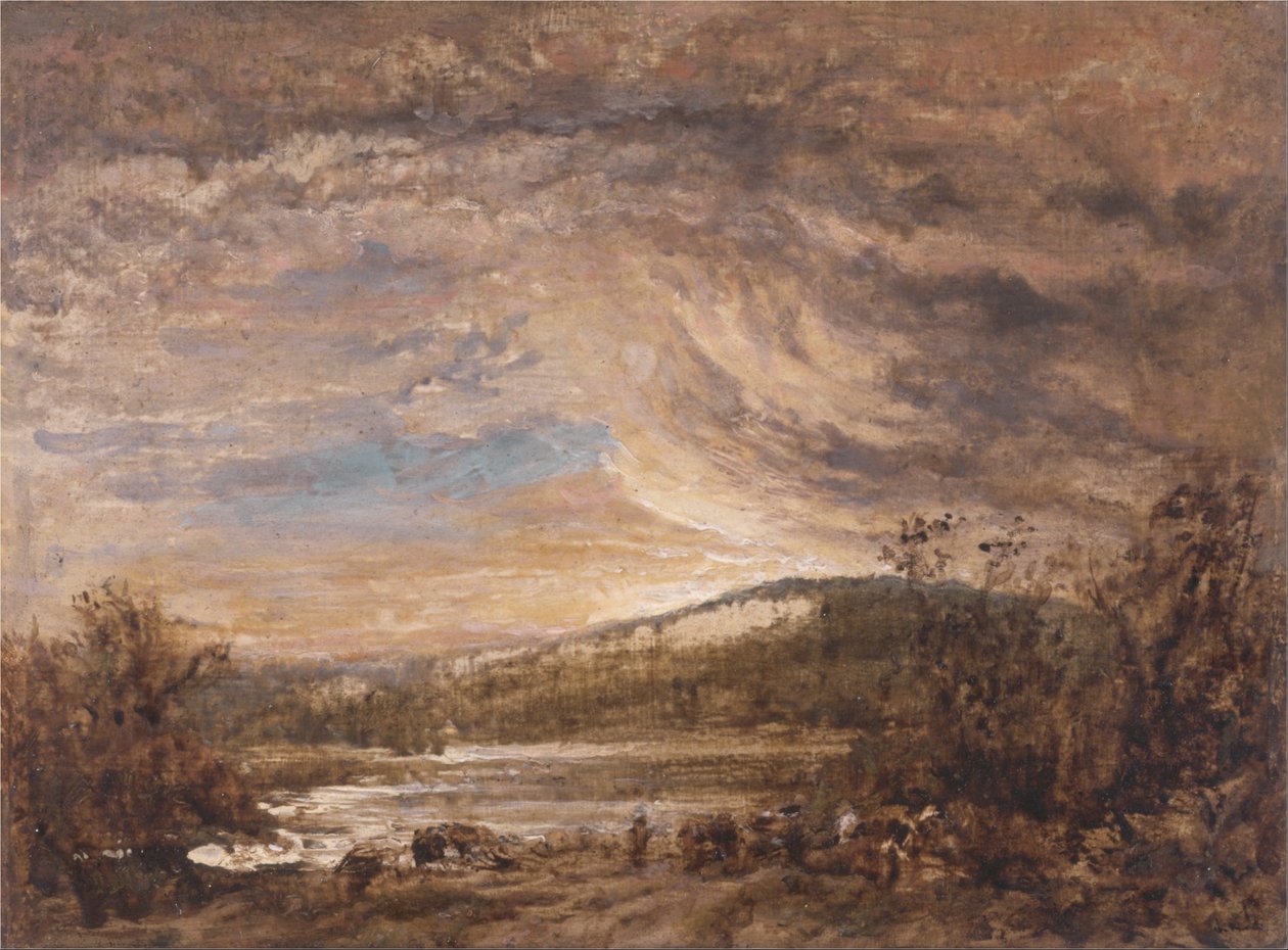 Rivierlandschap, zonsondergang door John Linnell