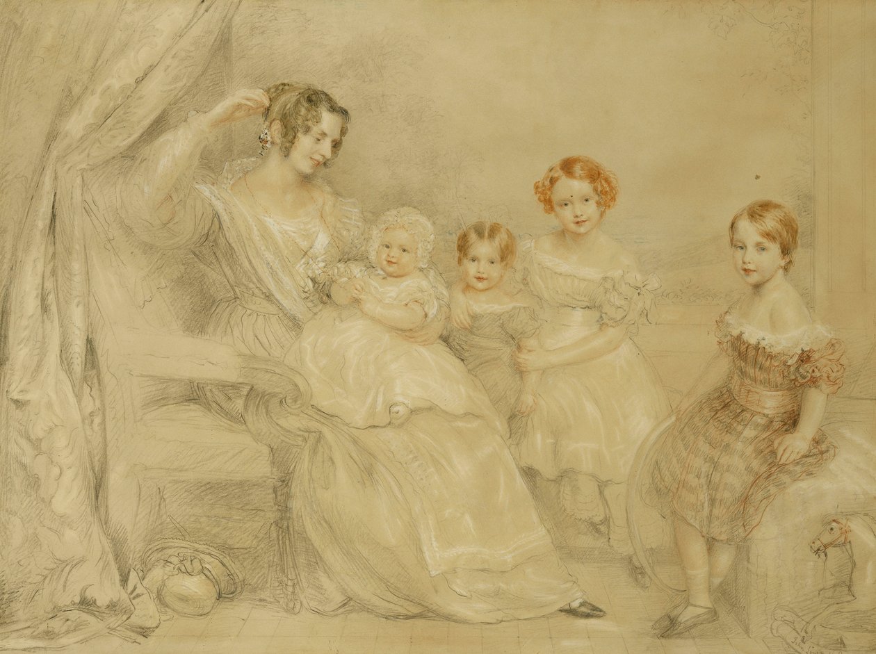 Portret van Mevrouw W.S. Fry en haar Vier Kinderen: Emma, Willy, Julie en Georgina, Zittend in een Interieur, 1840 door John Linnell