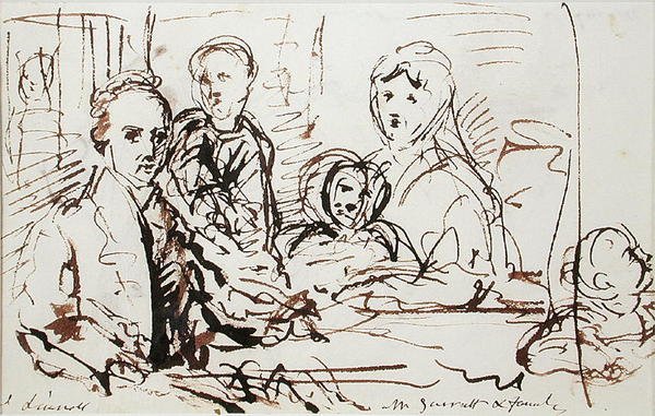 William Albin Garratt en familie, ca. 1830 (pen en inkt op papier) door John Linnell