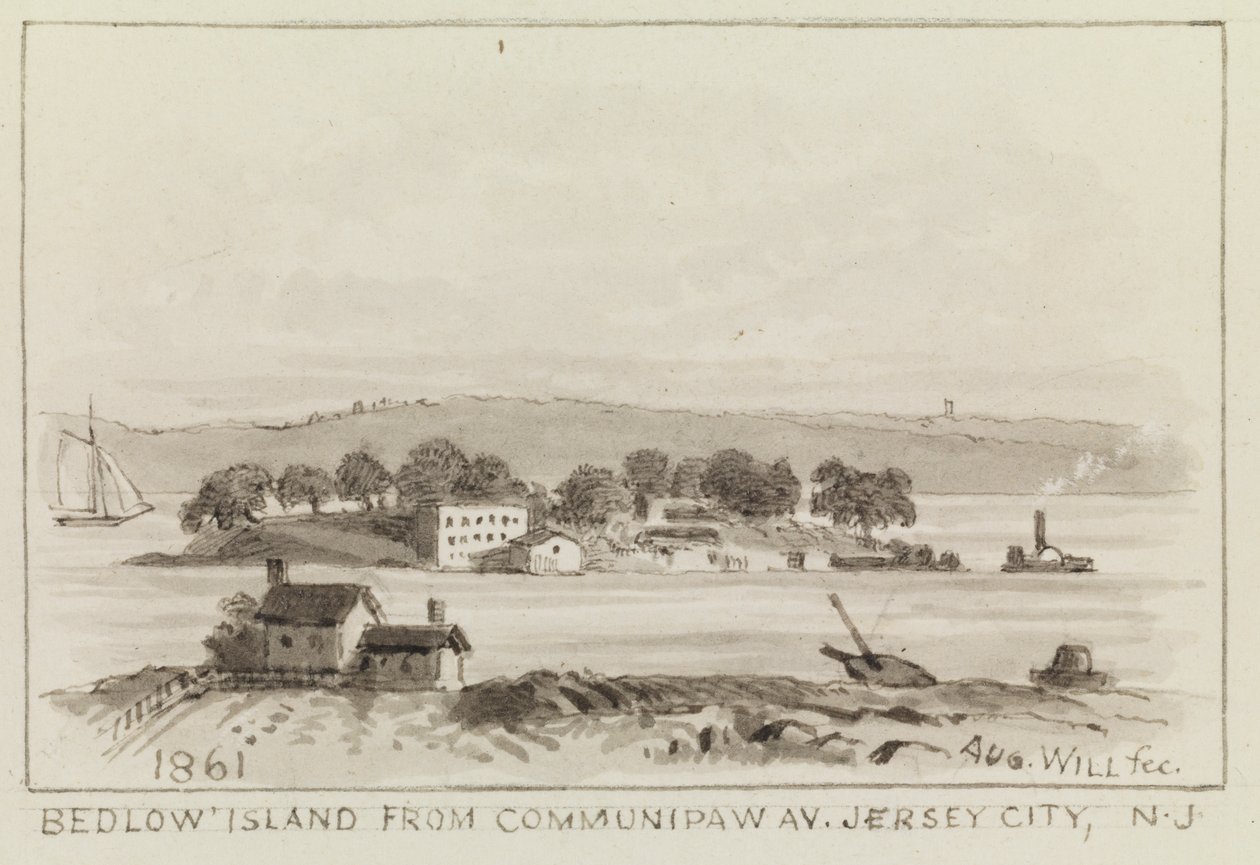 Bedlow Island vanaf Communipaw Av., Jersey City, N.J., 1861 door John M. August Will