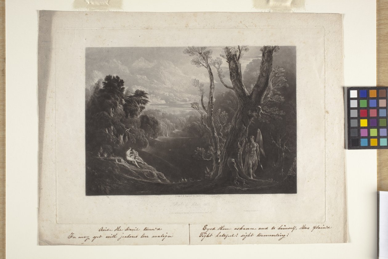 Satan beschouwt Adam en Eva in het paradijs (mezzotint) door John Marin
