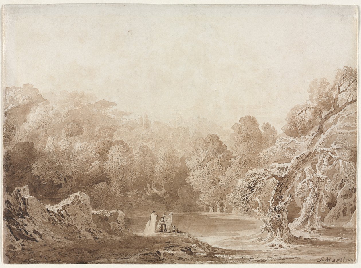 Een man die harp speelt met andere figuren naast een meer, 1820 door John Martin