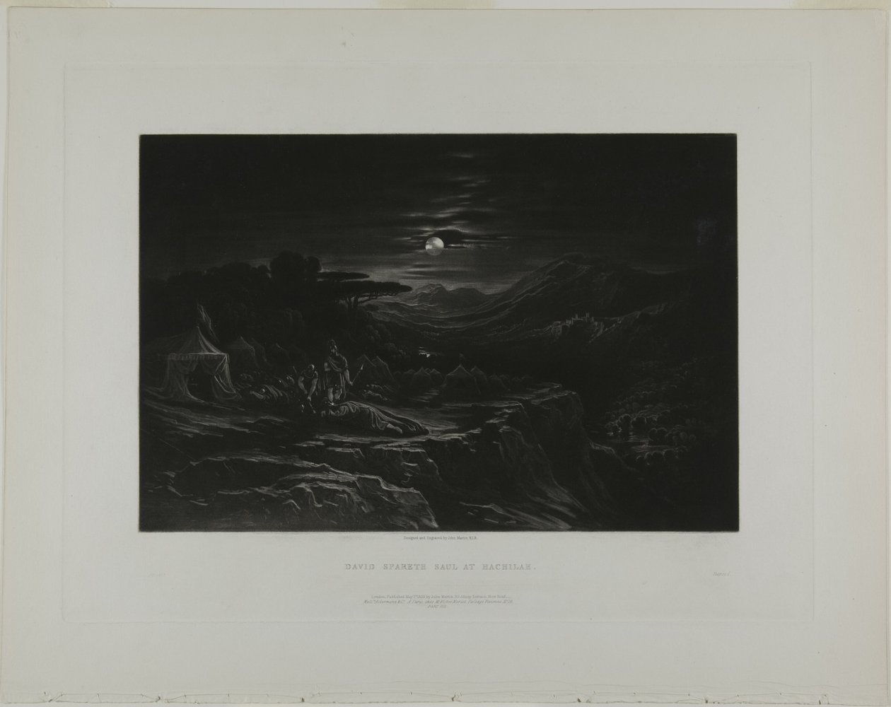David spaart Saul bij Hachilah, uit Illustraties van de Bijbel door John Martin