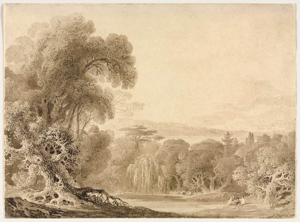 Figuren Zittend bij een Meer in een Bebost Landschap door John Martin