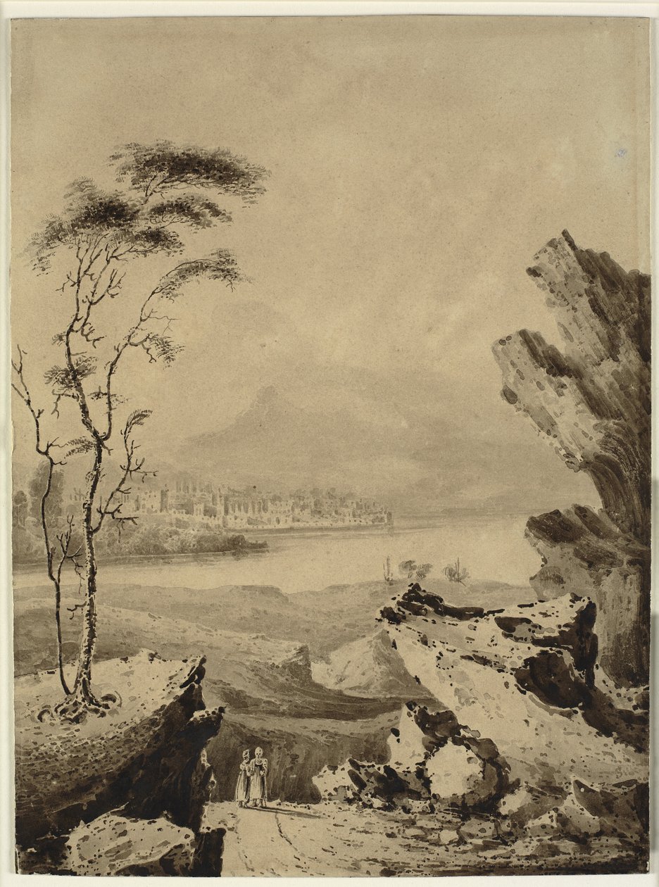 Italiaans landschap met meer, en met stad en bergen op de achtergrond door John Martin