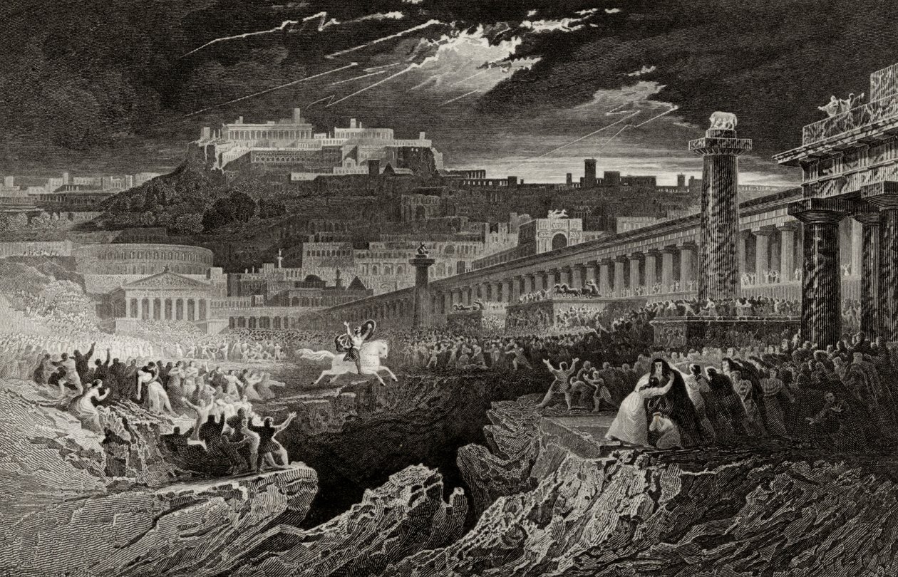 Marcus Curtius rijdt in de kloof, gegraveerd door H. Le Keux door John Martin