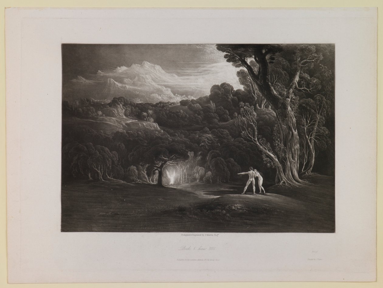 Het paradijs - met de nadering van de aartsengel Rafaël (Boek 5, regel 308), uit „Het verloren paradijs“ door John Martin