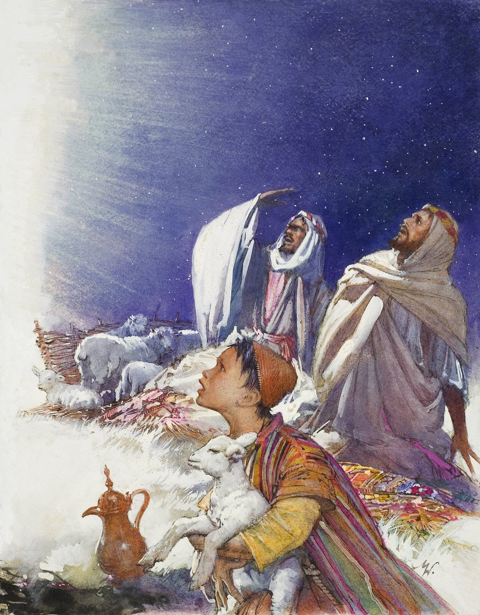 Het kerstverhaal: Het verhaal van de herders (gouache op papier) door John Millar Watt