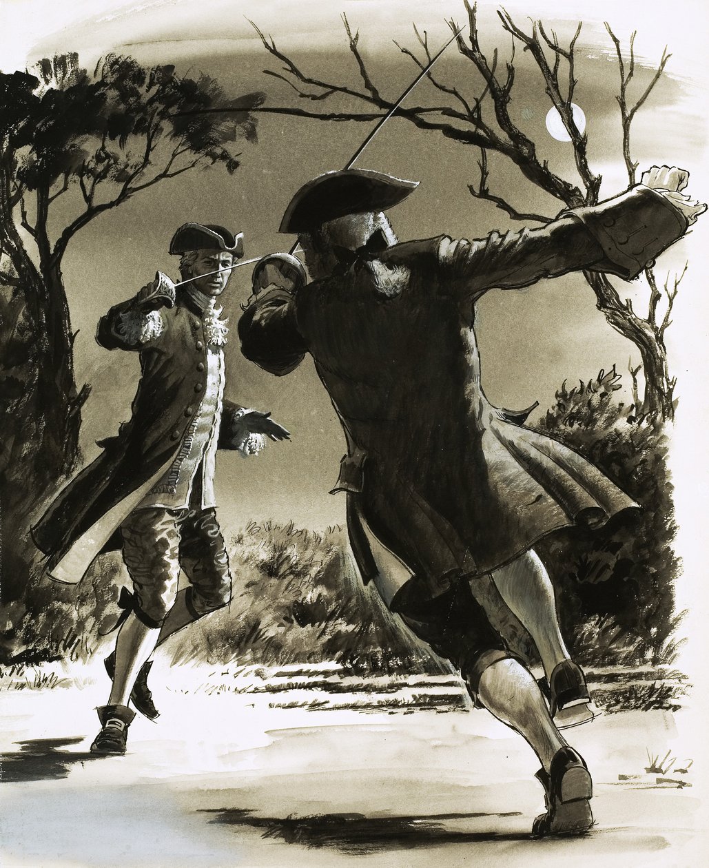 Onbekende mannen duelleren met zwaarden in maanlicht door John Millar Watt