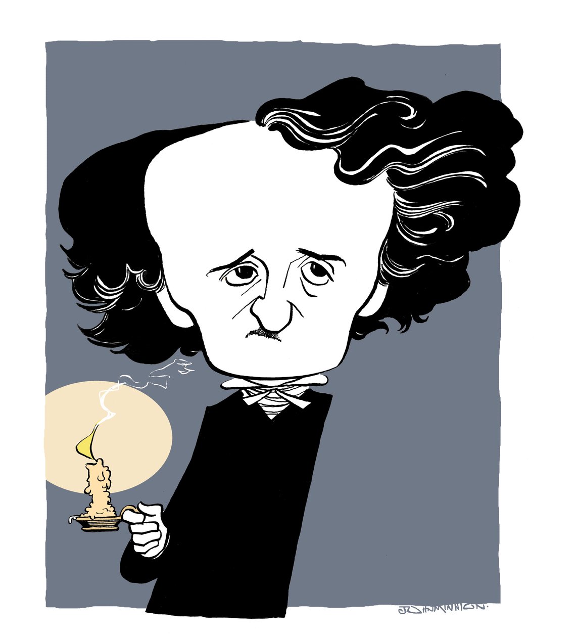 Edgar Allan Poe - karikatuur, met kandelaar door John Minnion