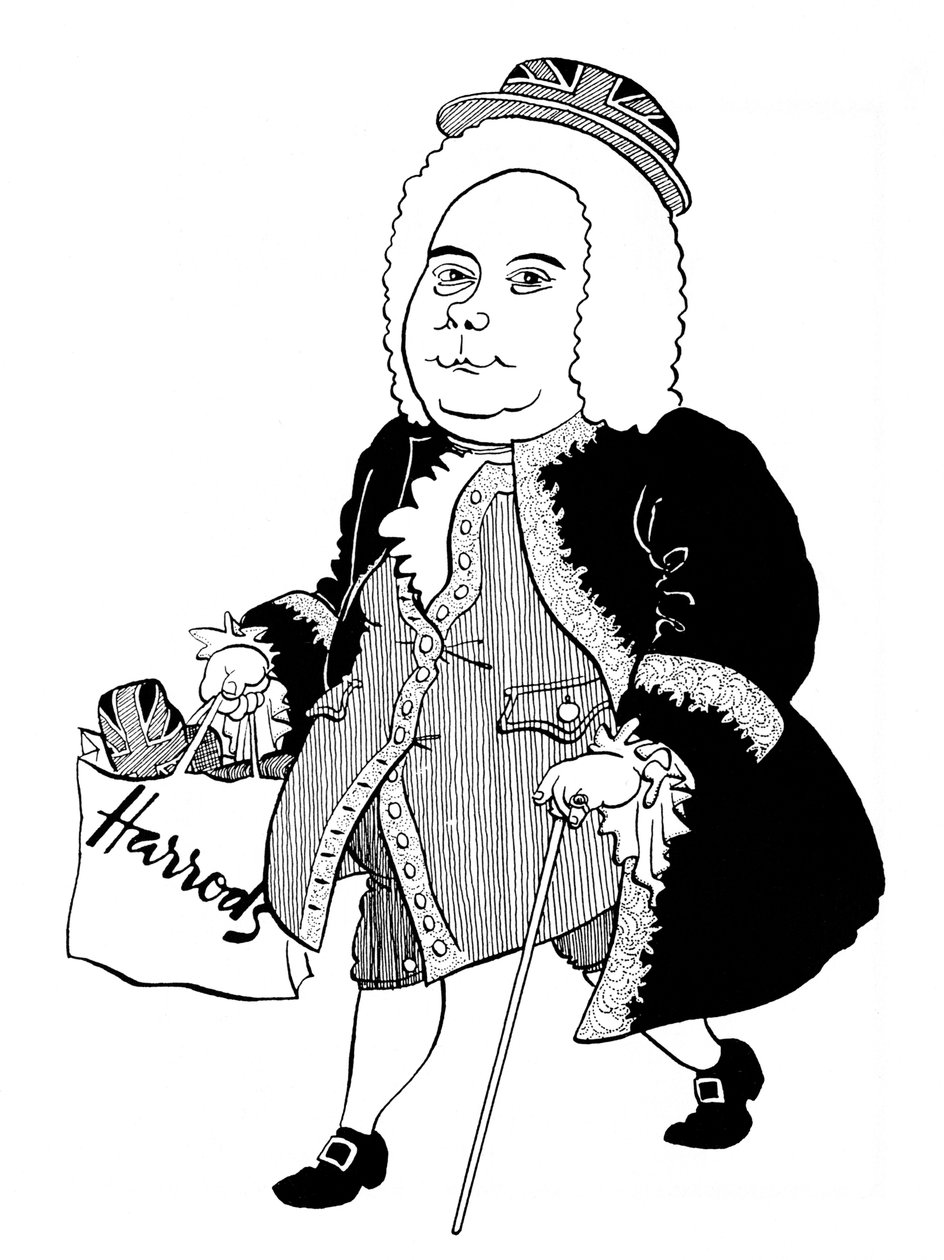 Georg Friedrich - George Frideric Händel - karikatuur van de Duitse (later Engelse) componist met een Union Jack hoed en Harrods tas door John Minnion
