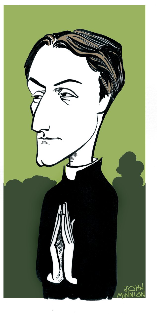 Gerard Manley Hopkins karikatuur, Engels dichter, rooms-katholiek bekeerling en jezuïtisch priester: 28 juli 1844 - 8 juni 1889 door John Minnion