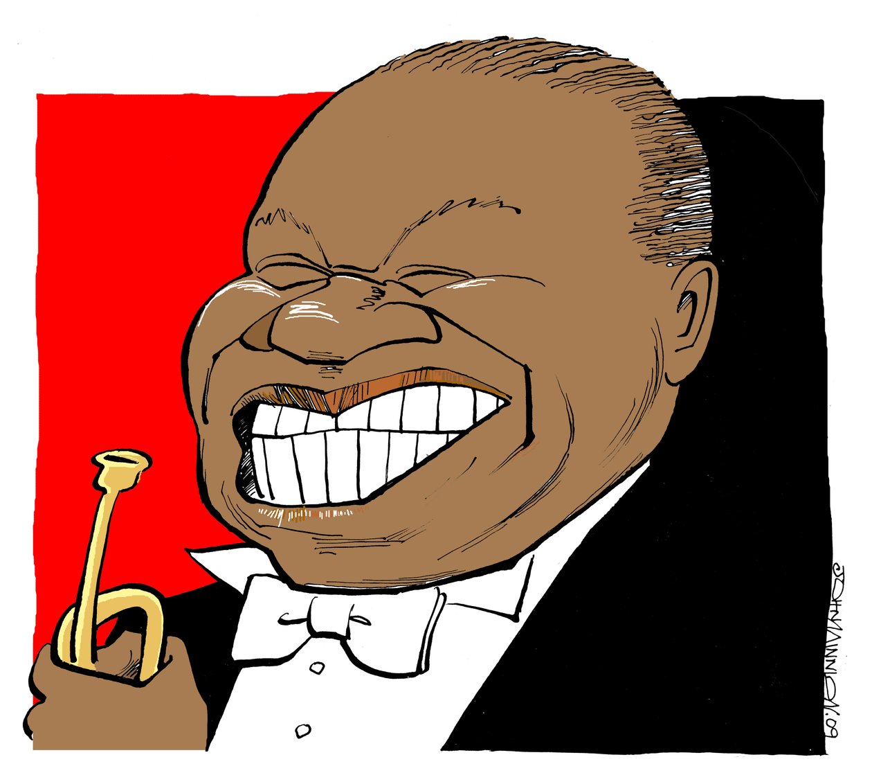 Louis Armstrong - karikatuur, trompet spelend door John Minnion