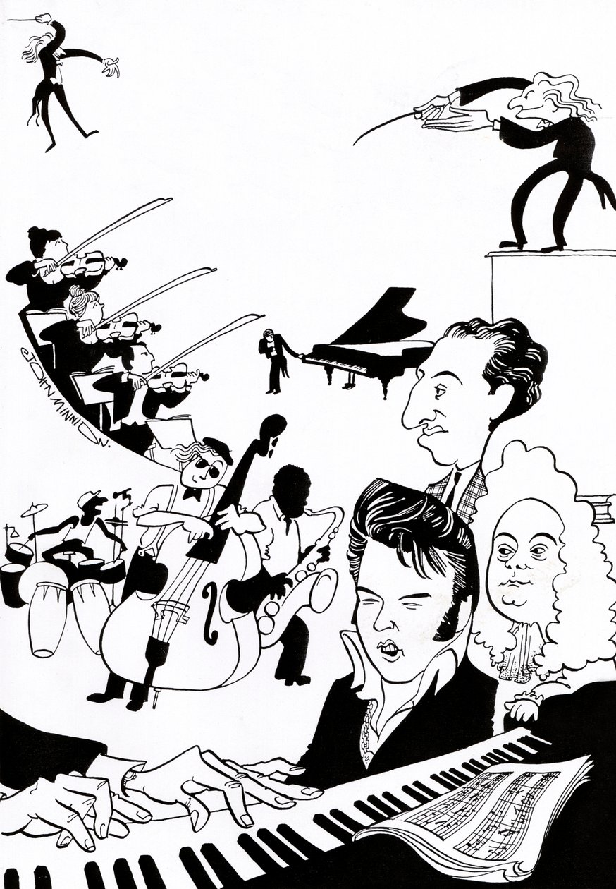 Muziekfantasie - cover voor muziekboek of -artikel - met dirigenten, muzikanten, instrumenten, viool, drums, contrabas, saxofoon, piano, partituur, Elvis, Bach, door John Minnion