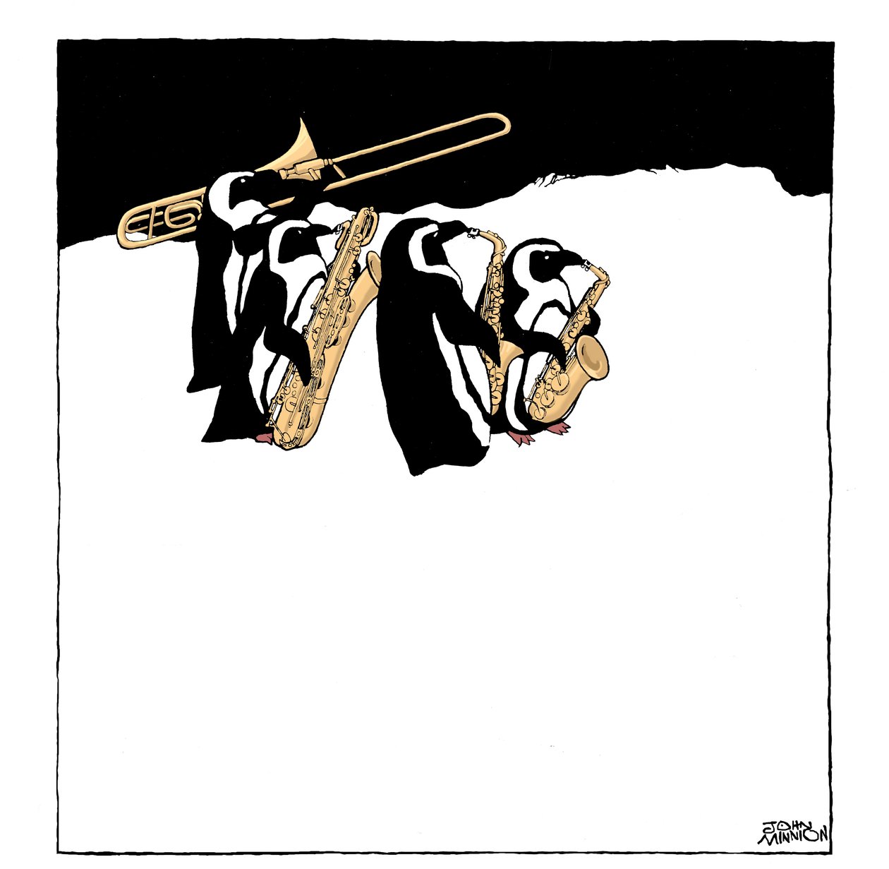 Pinguïnband - karikatuur van een groep pinguïns die koperen instrumenten bespelen - trombone en saxofoons door John Minnion