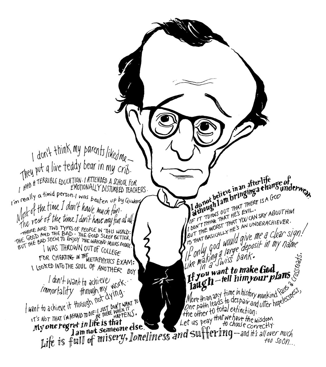 Woody Allen karikatuur, Amerikaans filmregisseur, schrijver, acteur, komiek en toneelschrijver: b door John Minnion