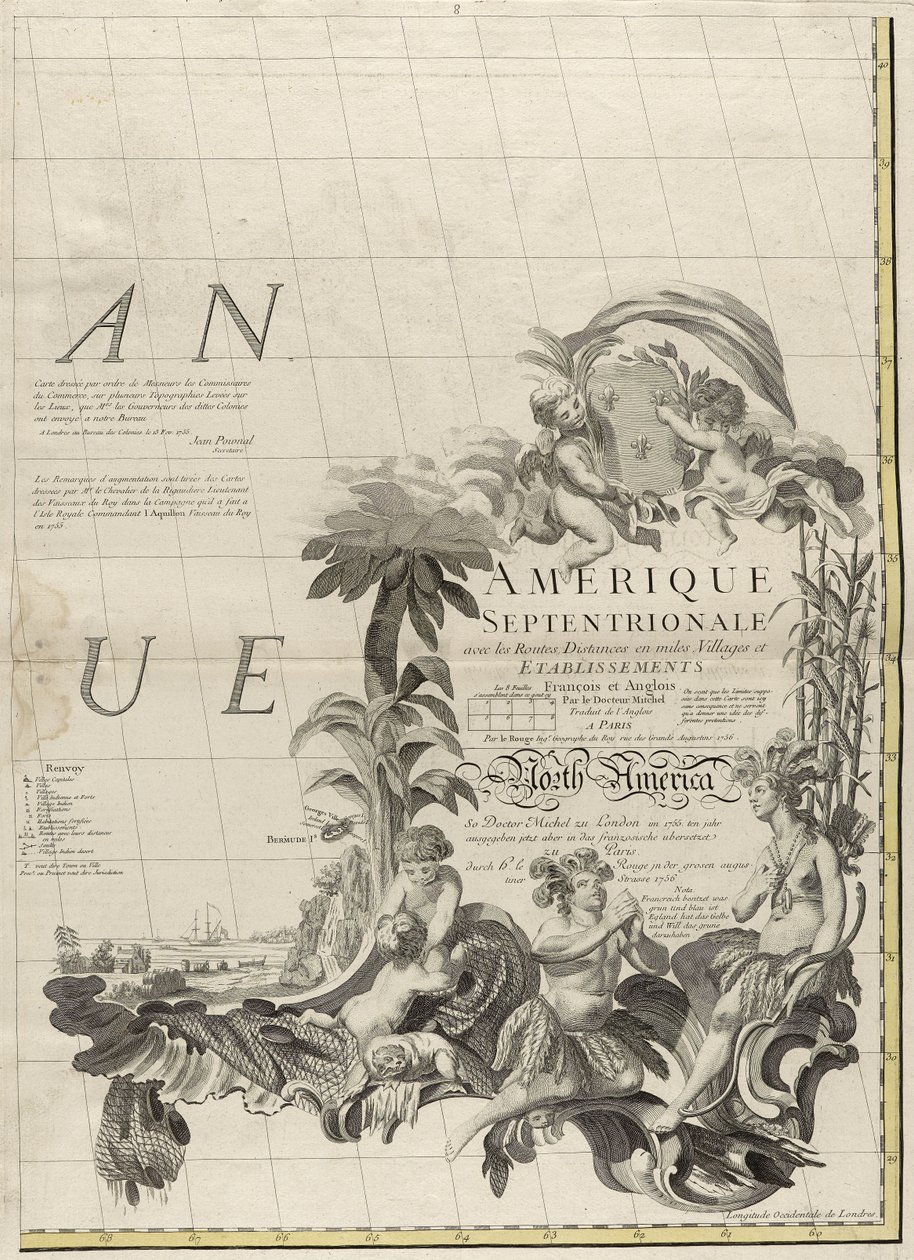 Een kaart van de Britse en Franse gebieden in Amerika, 1756 door John Mitchell