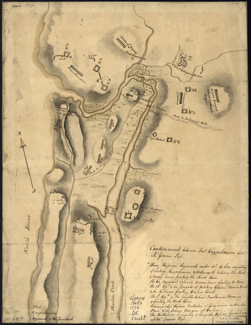 (Verdeling van Britse troepen, met fortificaties ten noorden van Fort Knipehausen, d.w.z. Fort Washington tot Fort Independence. LOC gm71002317 door John Montresor