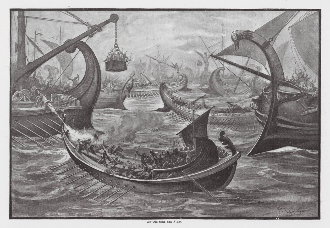 Een oud zeegevecht (litho) door John Moyr Smith