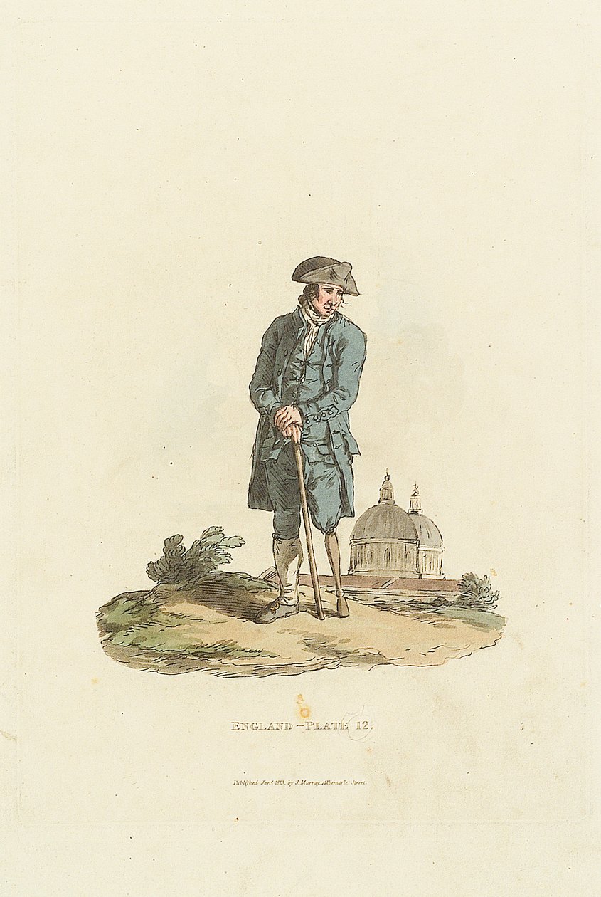 Engeland - Plaat 12. Een Greenwich-pensioengerechtigde met houten been leunend op een stok door John Murray