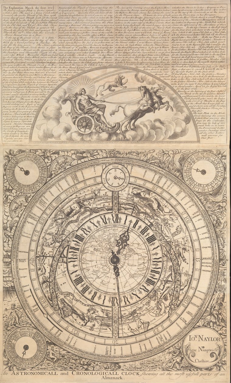 Een astronomische en chronologische klok die alle nuttigste delen van een almanak toont door John Naylor