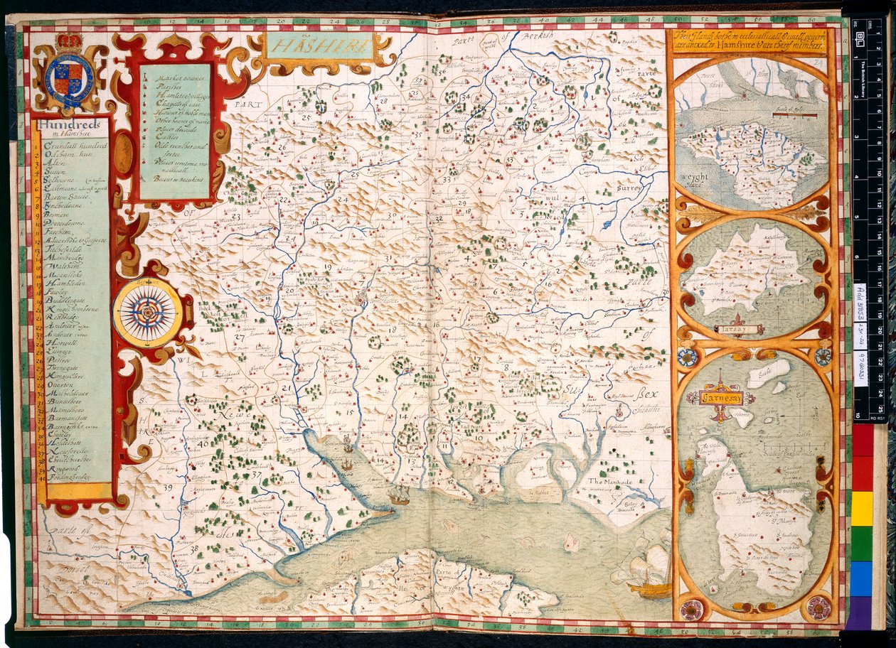 Beschrijving van Southampton, Hampshire door J. Norden, met kaart: 1595 (gekleurde gravure) door John Norden