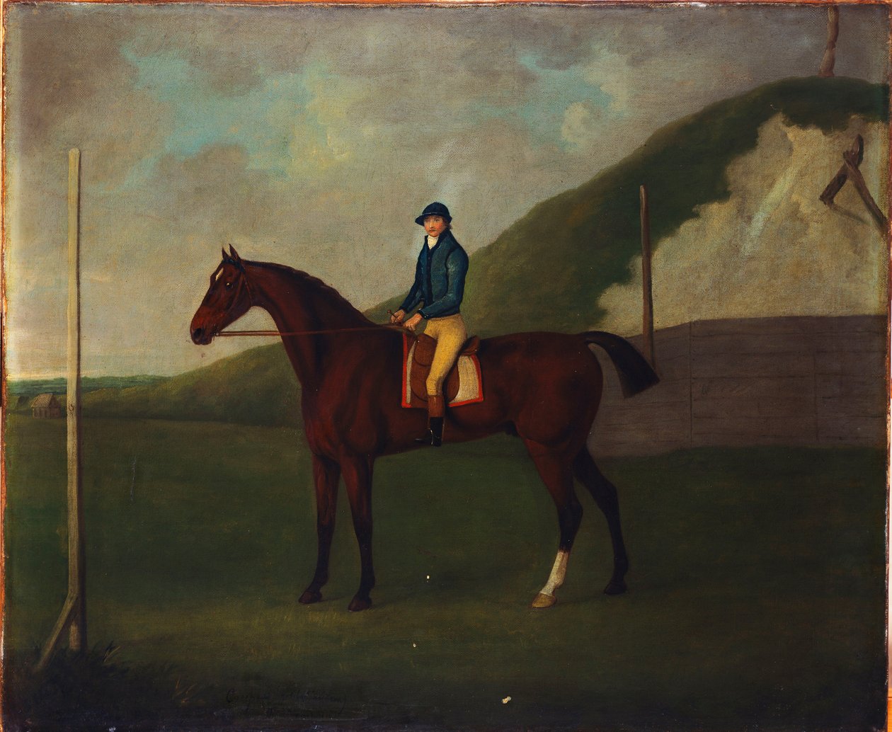 "Creeper", een bruine hengst met jockey bij de start in de Devils Ditch, Newmarket door John Nott Sartorius