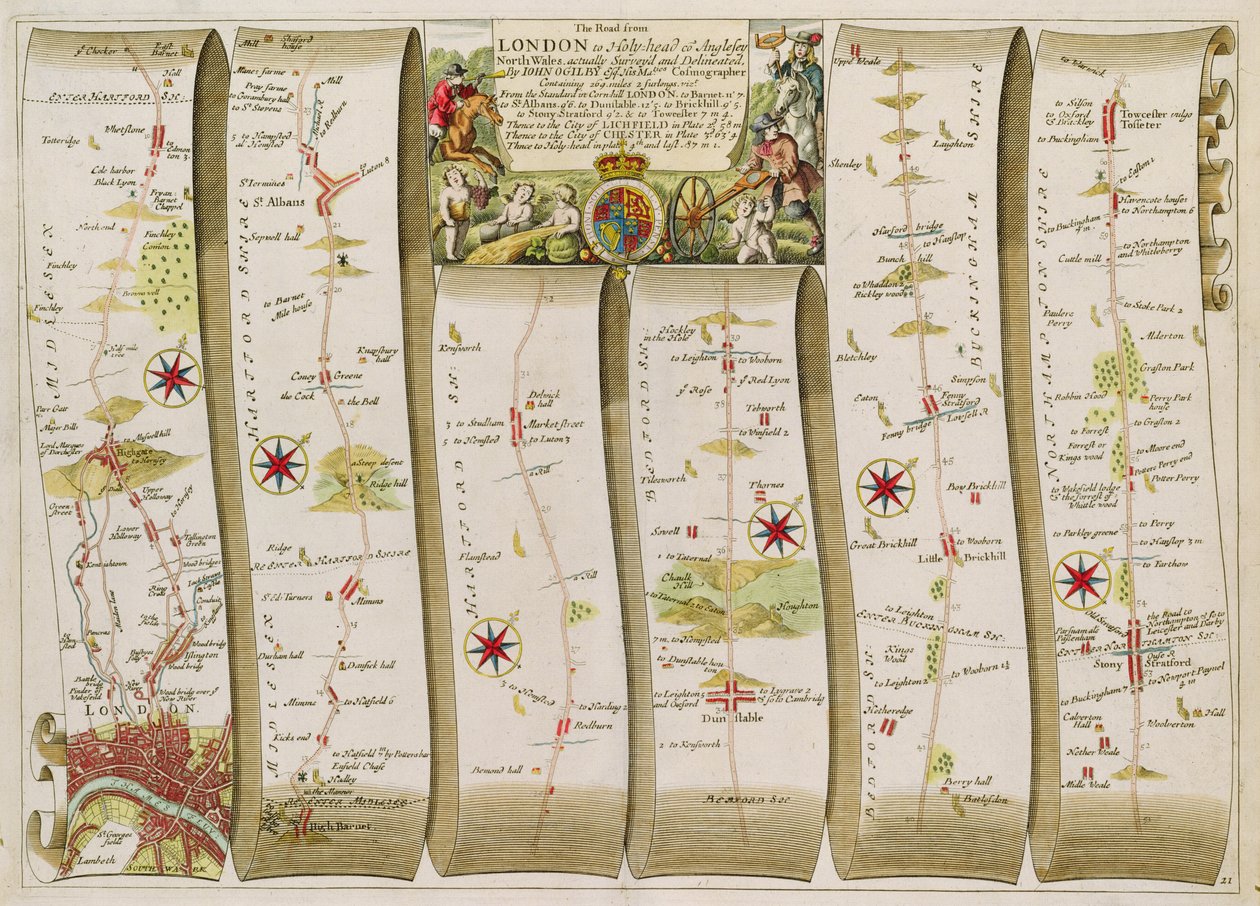 De weg van Londen naar Holy-Head (kleurengraving) door John Ogilby