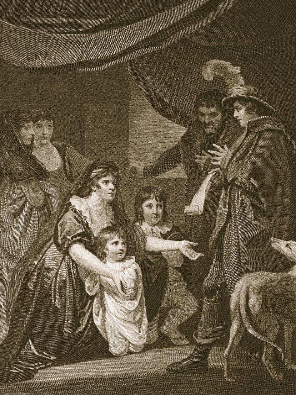 Lady Elizabeth Grey smeekt Edward IV om haar kinderen te beschermen, gegraveerd door W. Bromley, illustratie uit David Hume
