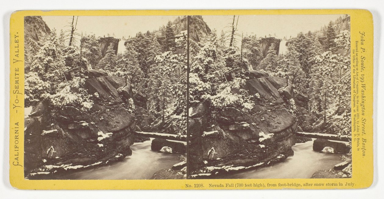 Nevada Fall (700 feet hoog), gezien vanaf de voetgangersbrug, na een sneeuwstorm in juli, nr. 1208 uit de serie „Californië – Yosemite Valley” door John P. Soule