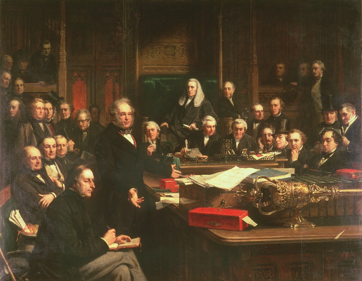 Lord Palmerston spreekt het Lagerhuis toe tijdens de debatten over het Verdrag van Frankrijk in februari 1860, 1863 door John Phillip