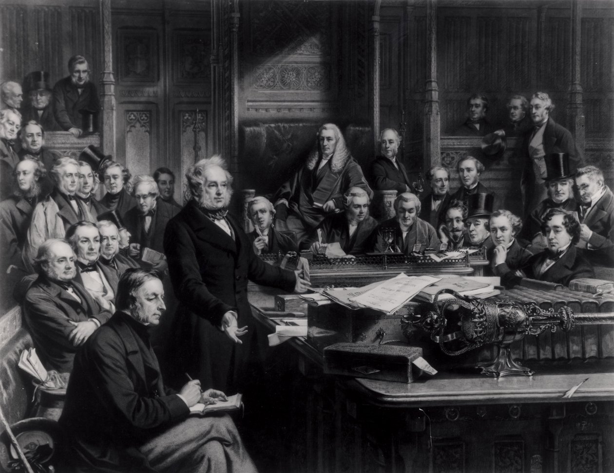 Het Lagerhuis in 1860: Lord Palmerston spreekt het Huis toe tijdens het debat over het verdrag met Frankrijk, gegraveerd door Falkner, 1863 door John Phillip