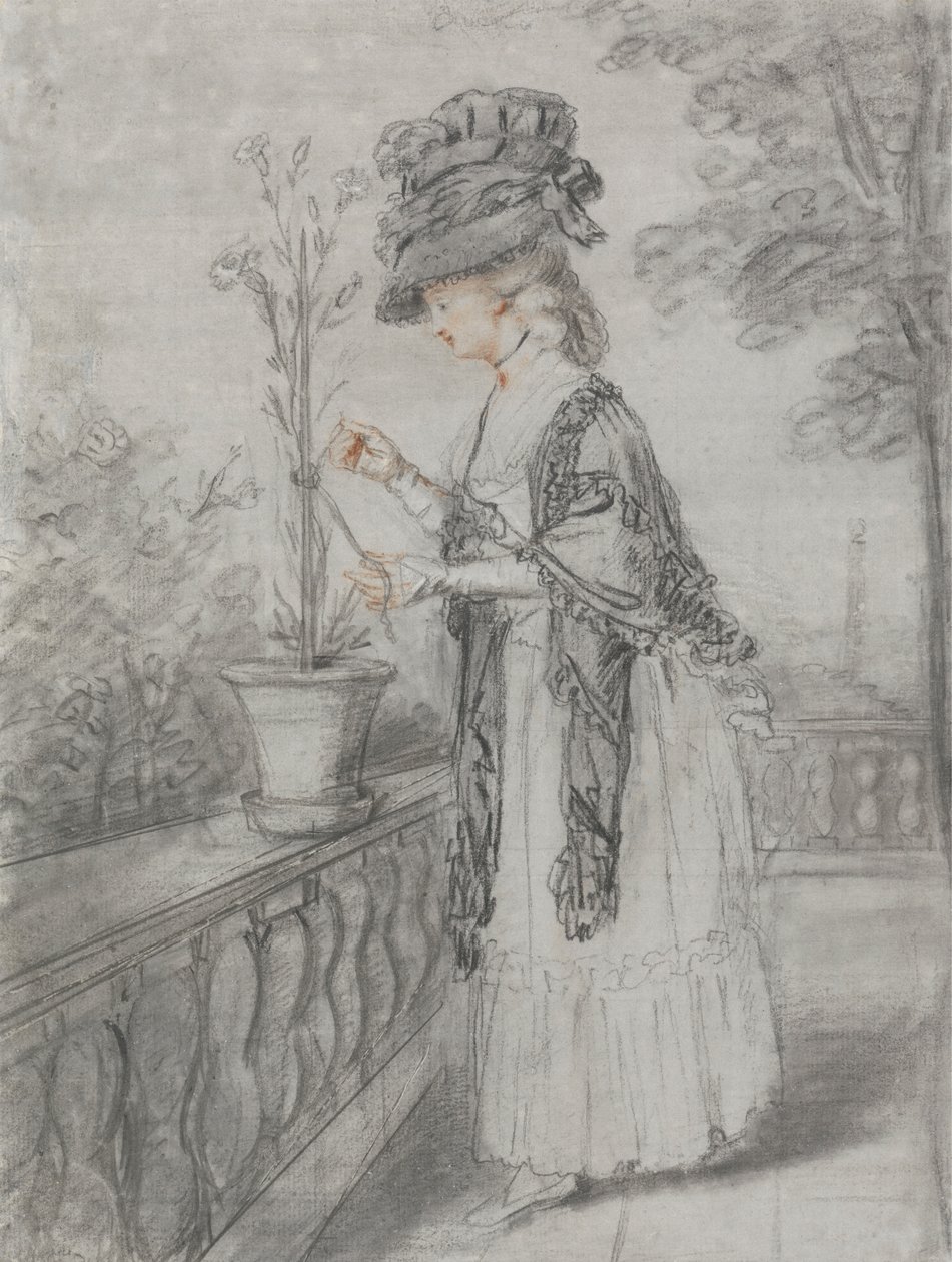 Dame op een Terras die een Anjerplant Verzorgt door John Raphael Smith