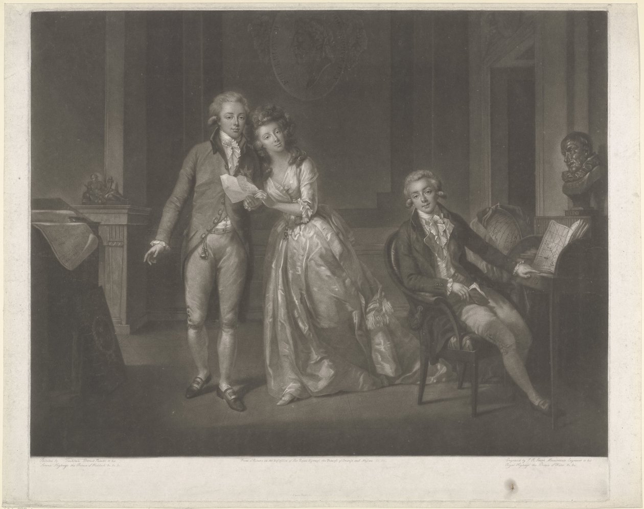 Portret van Louise, prinses van Oranje-Nassau, Willem I Frederik, koning der Nederlanden, en Frederik, prins van Oranje-Nassau door John Raphael Smith