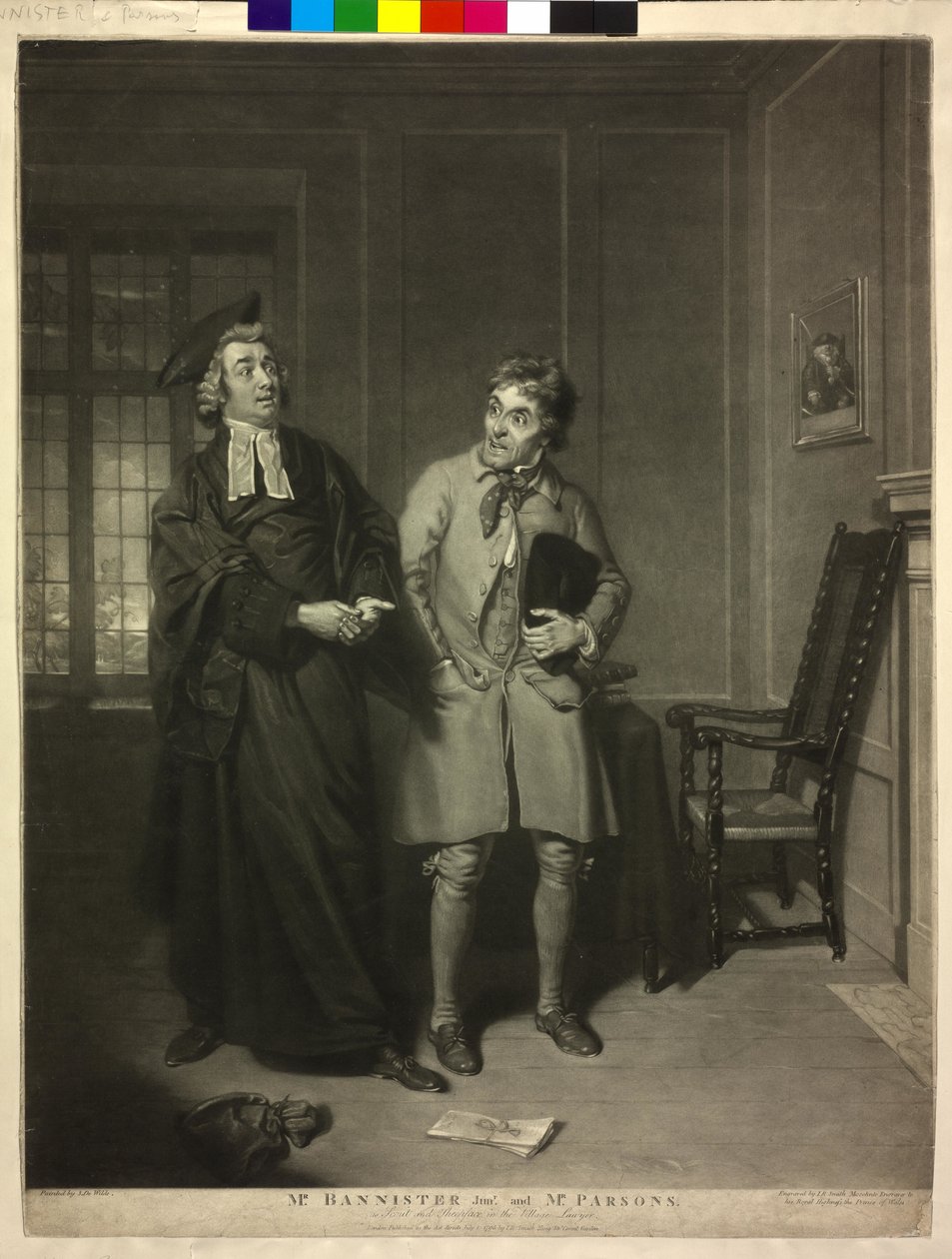 William Parsons als "Sheepface" in het hoofd "De Dorpsadvocaat" door John Raphael Smith