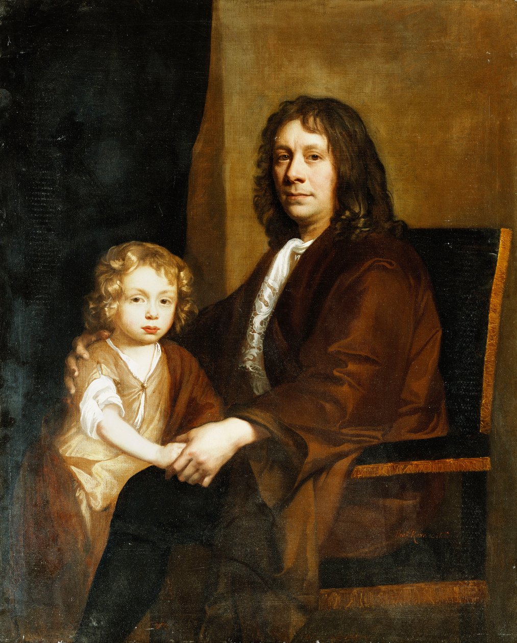 Portret van Thomas Rowe en zijn zoon, zittend driekwart lengte, de eerste in een bruine jurk, de laatste in een bruine jurk en omslagdoek door John Riley