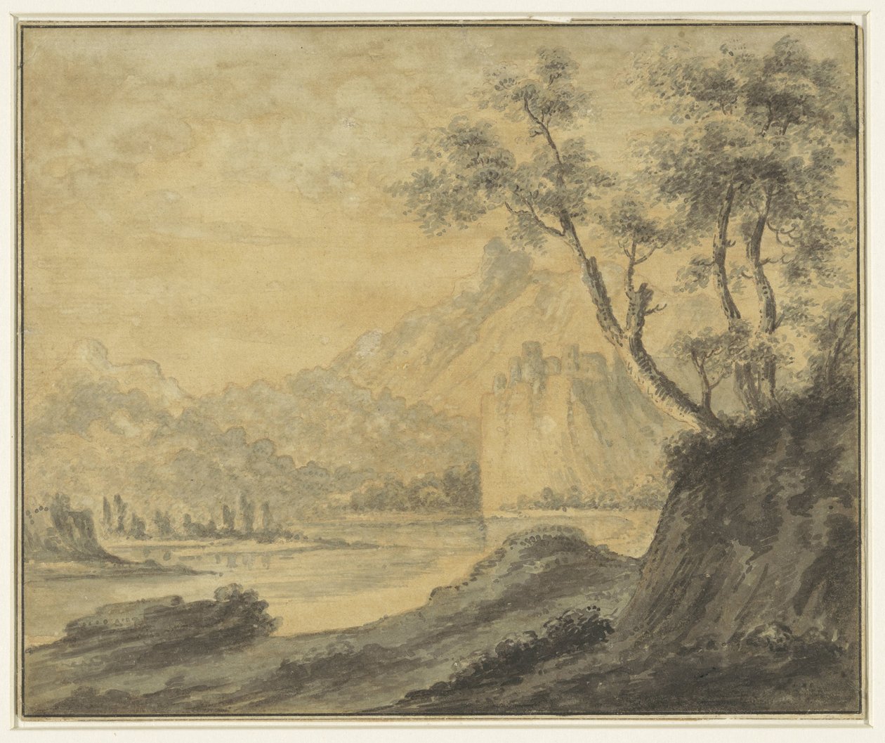 Rivierlandschap met rotsen door John Robert Cozens (manner of)