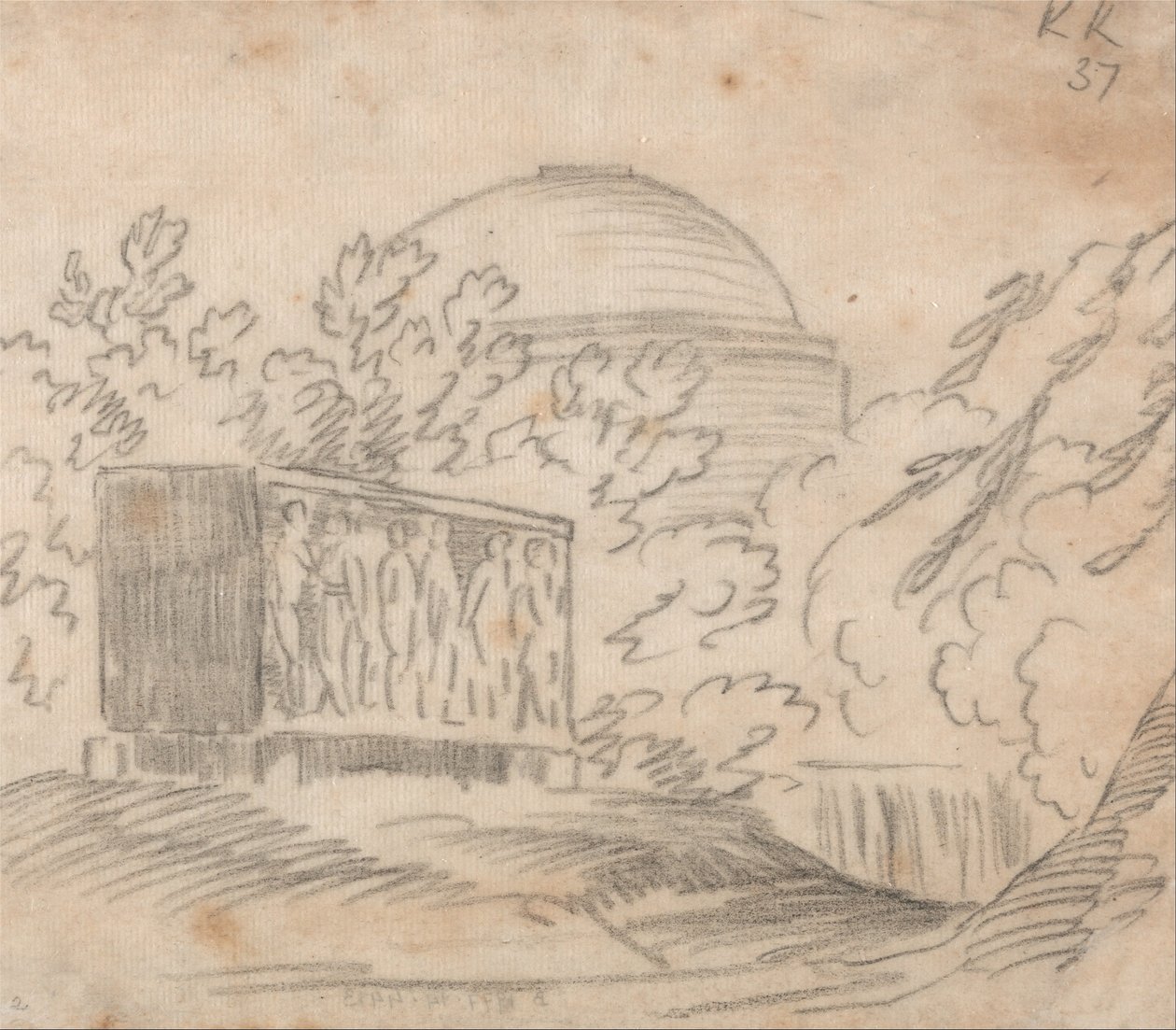 Een Sarcofaag achter een koepelvormig gebouw door John Robert Cozens