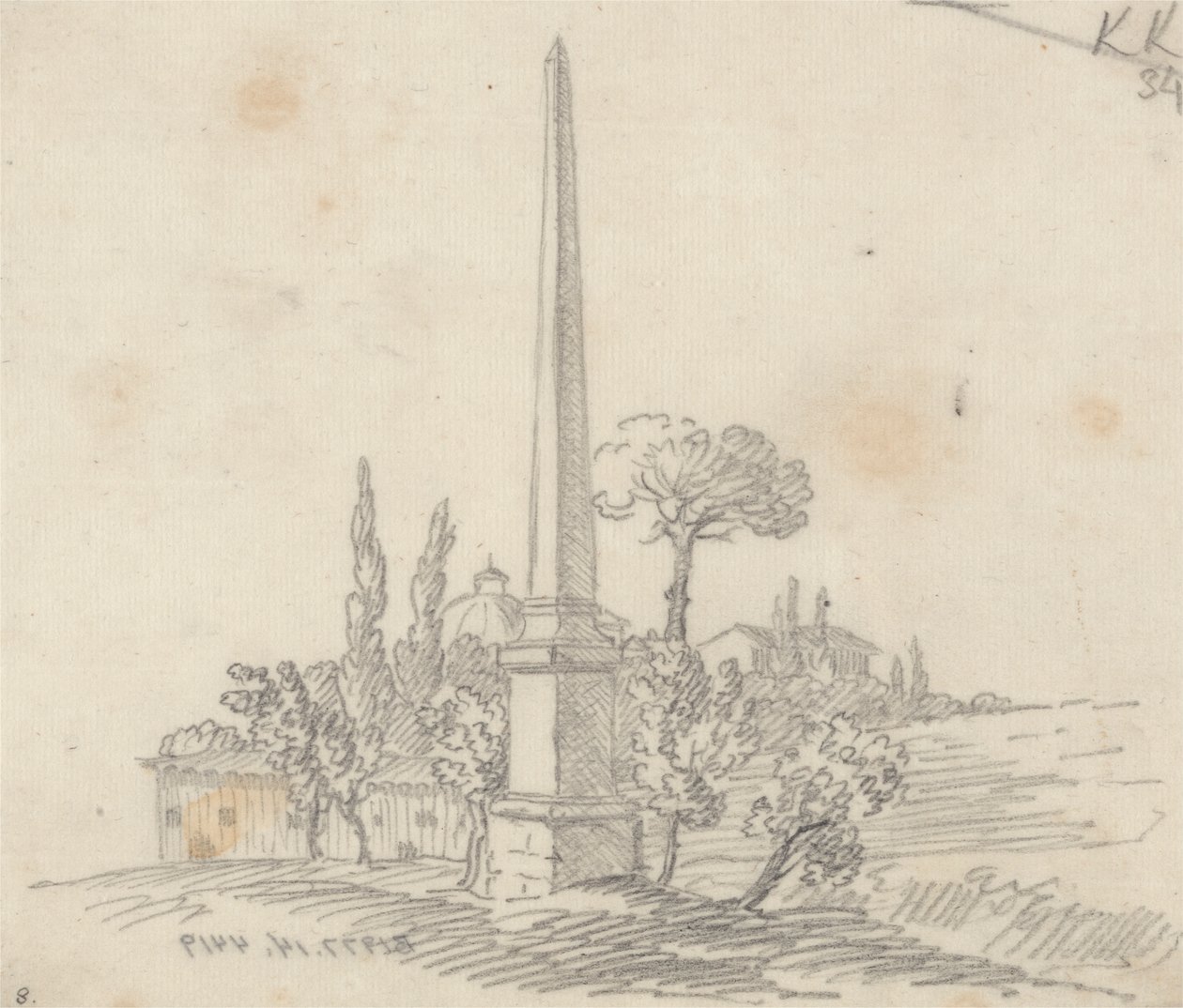 Een Obelisk met Daken en Bomen in de Verte door John Robert Cozens
