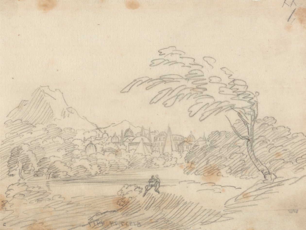 Verre uitzicht op een denkbeeldige stad door John Robert Cozens