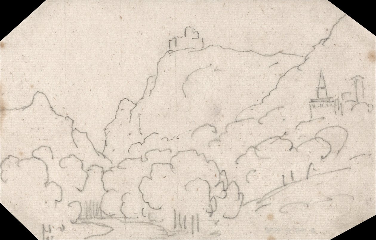 Bergzicht met gebouwen door John Robert Cozens
