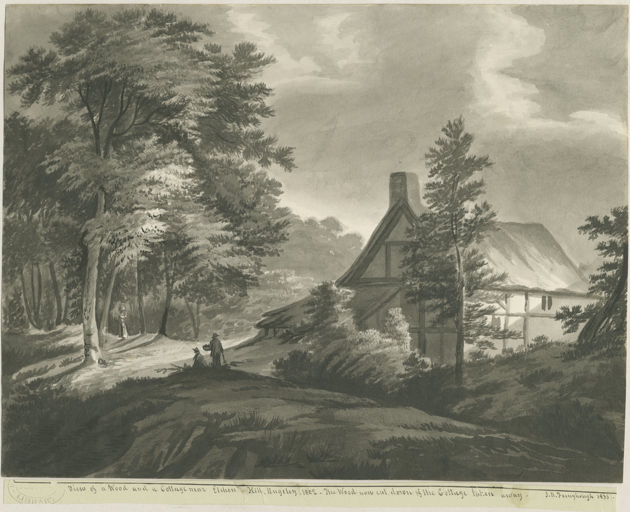 Rugeley - Cottage bij Etchinghill: donkere sepia was tekening, 1835 door John Robert Fernyhough