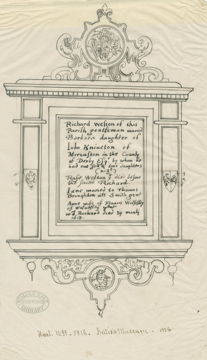 Rugeley Kerk (Oud) - Monument voor Richard Weston: pen en inkt tracing door John Robert Fernyhough