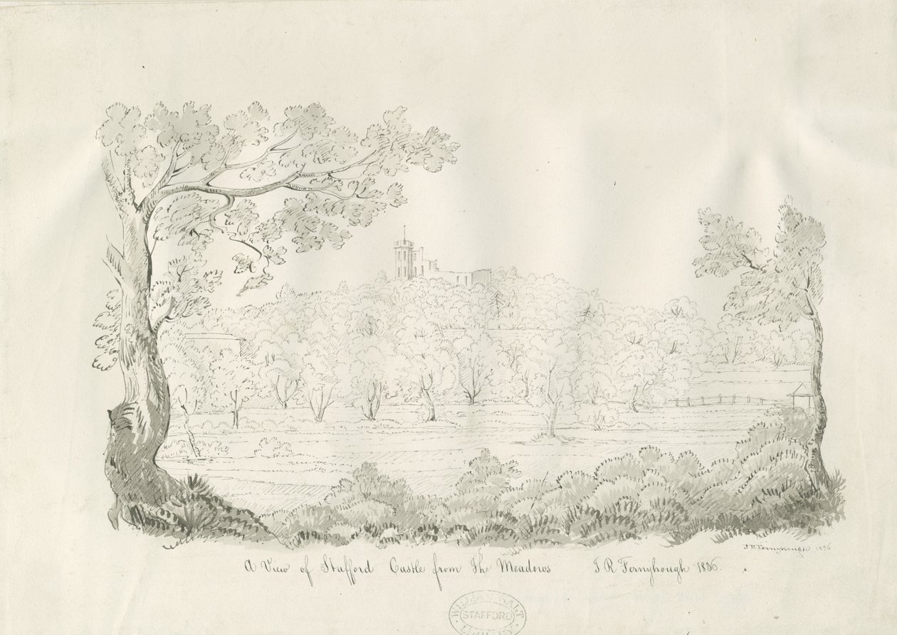 Stafford Castle - Oostaanzicht: pen en sepia tekening door John Robert Fernyhough